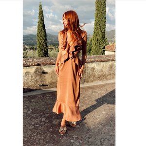 NWT SHOW ME YOUR MUMU Zoey Midi Dress in Copper Luxe Satin